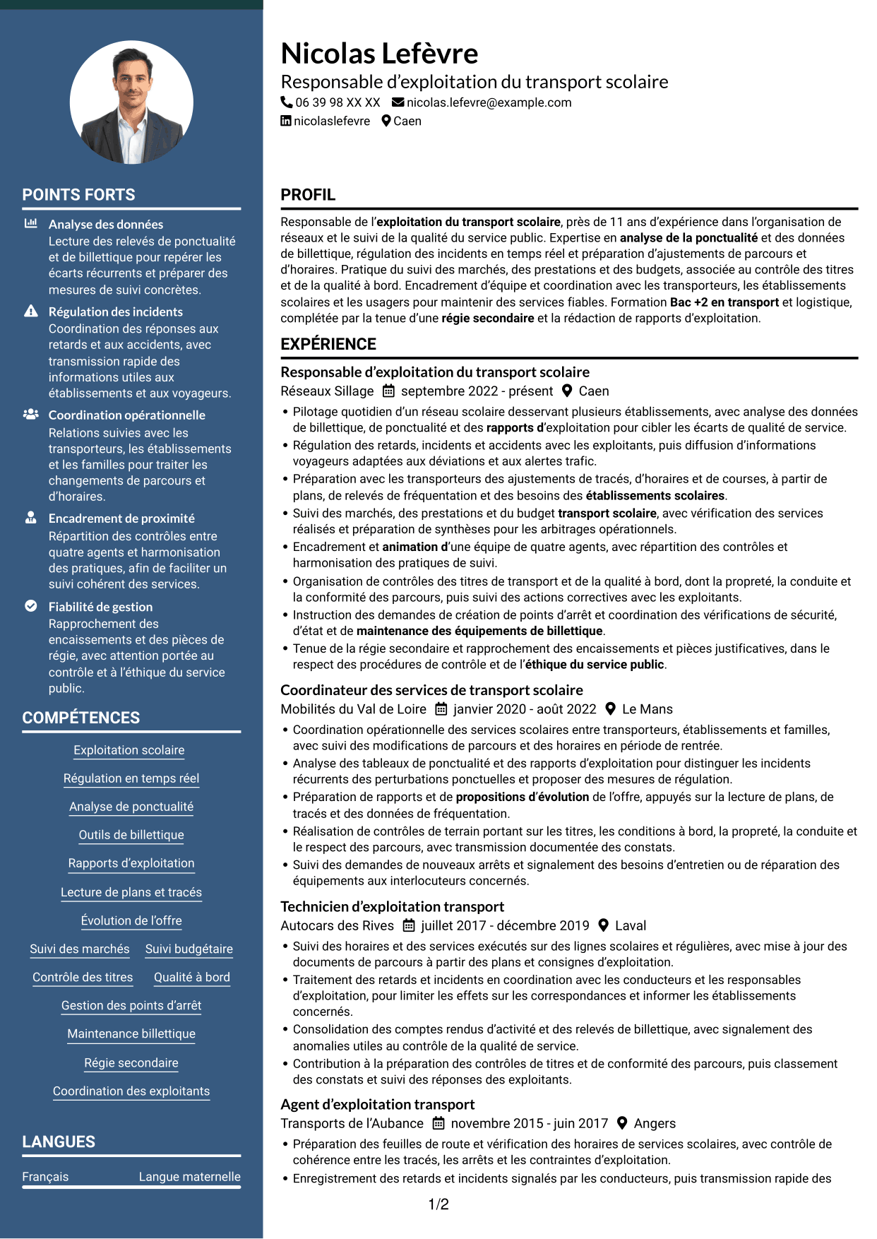 CV Élégant (format à colonne latérale colorée avec photo) : Responsable du transport scolaire - Exploitation et qualité de service, page 1