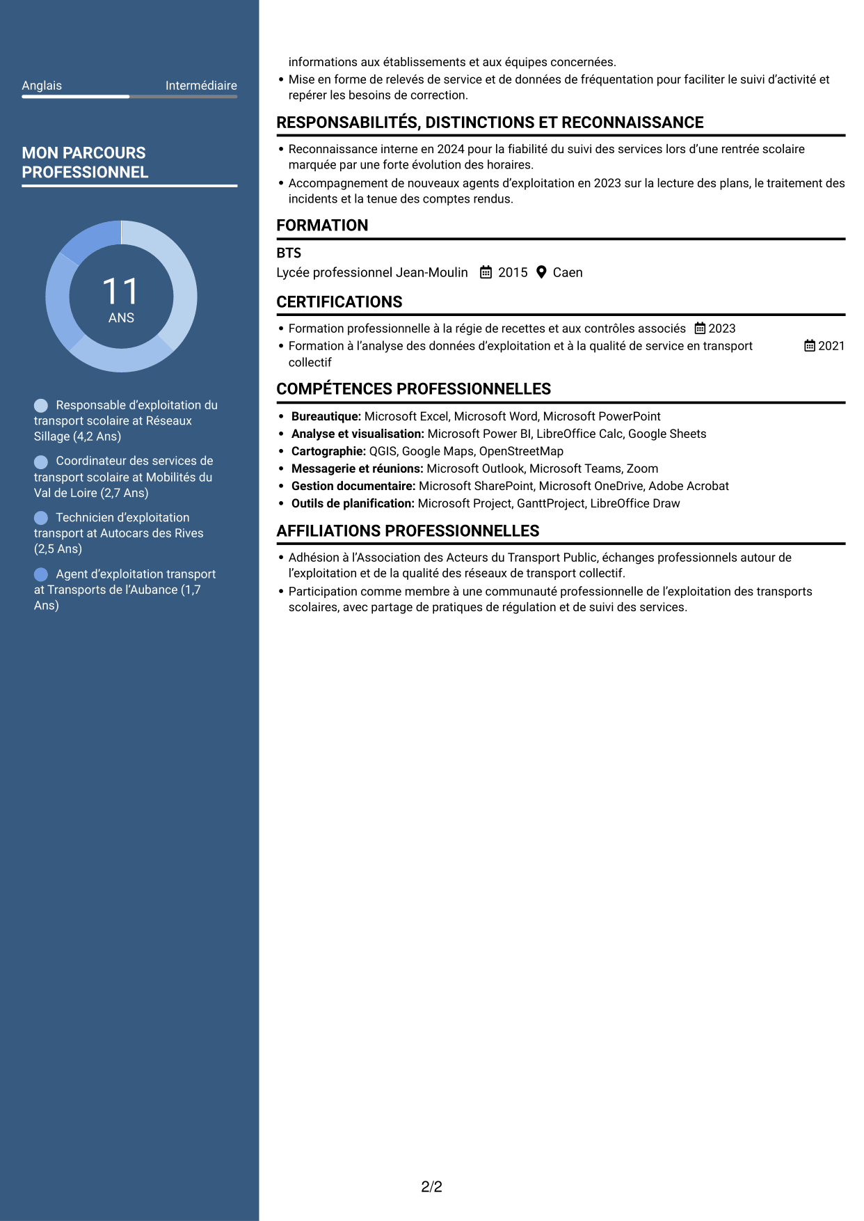 CV Élégant (format à colonne latérale colorée avec photo) : Responsable du transport scolaire - Exploitation et qualité de service, page 2