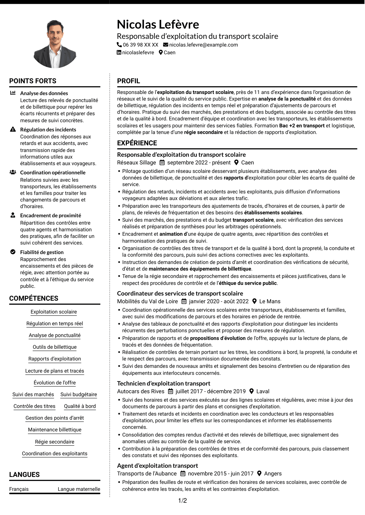 CV Moderne (format à deux colonnes avec photo à gauche et séparateur) : Responsable du transport scolaire - Exploitation et qualité de service, page 1