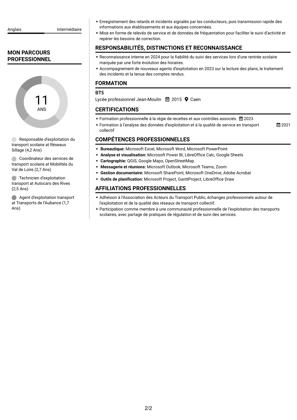 CV Moderne (format à deux colonnes avec photo à gauche et séparateur) : Responsable du transport scolaire - Exploitation et qualité de service, page 2