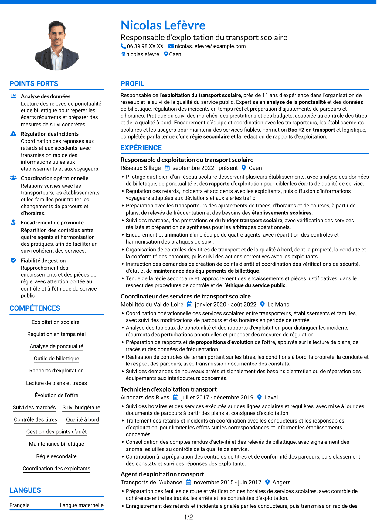 CV Audacieux (format à deux colonnes avec accents colorés et photo) : Responsable du transport scolaire - Exploitation et qualité de service, page 1