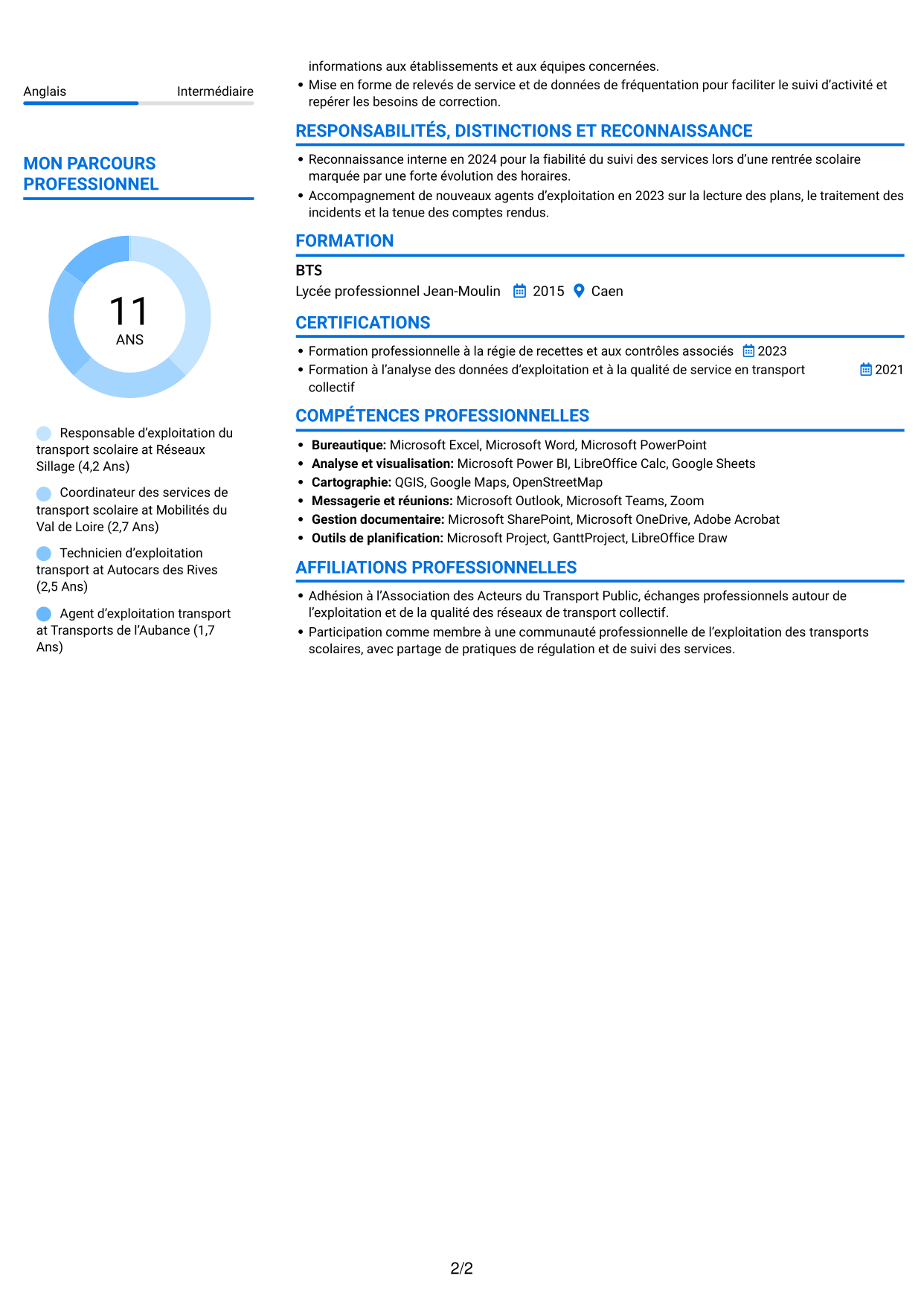 CV Audacieux (format à deux colonnes avec accents colorés et photo) : Responsable du transport scolaire - Exploitation et qualité de service, page 2