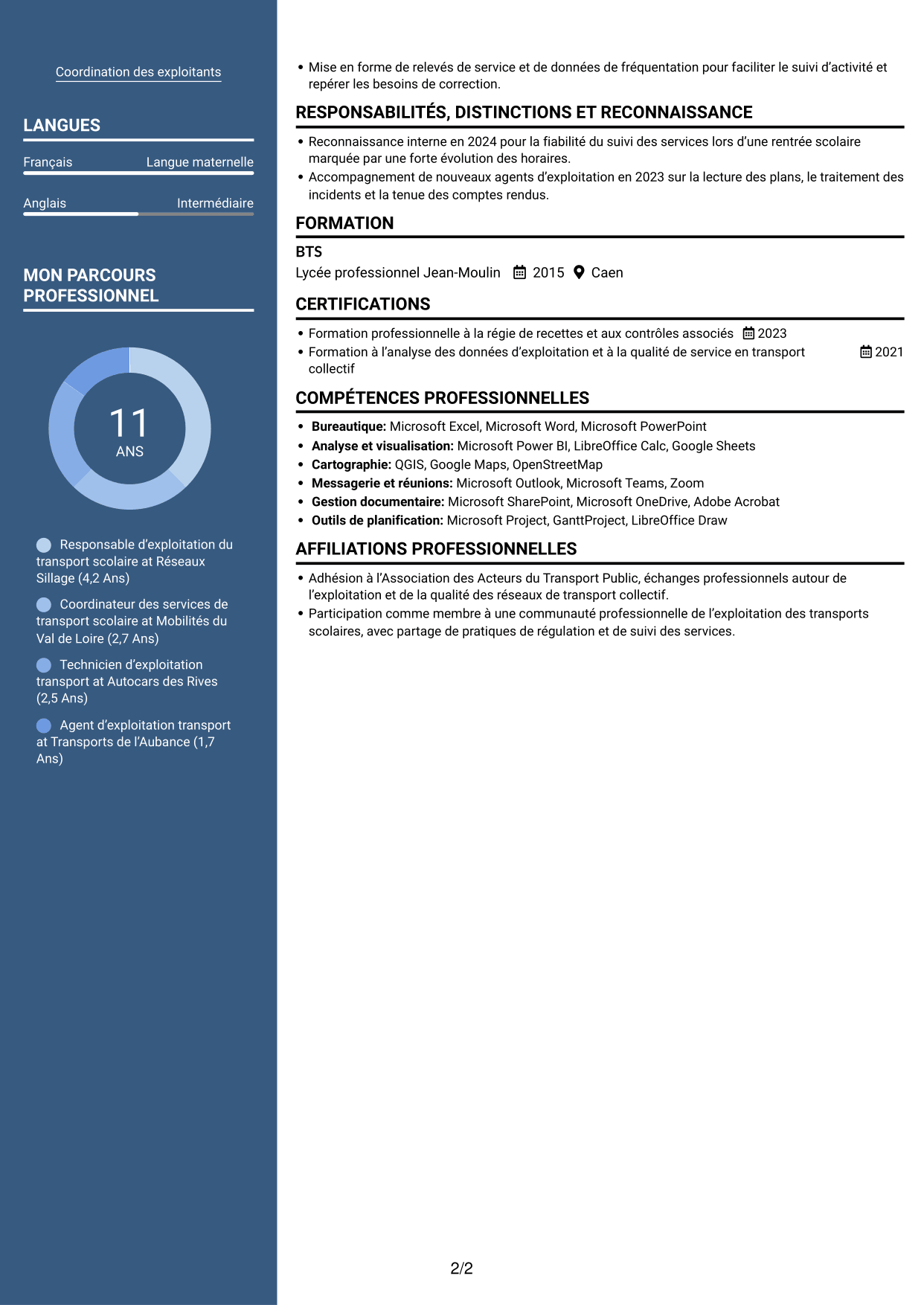 CV Signature (format à colonne latérale colorée avec grande photo) : Responsable du transport scolaire - Exploitation et qualité de service, page 2