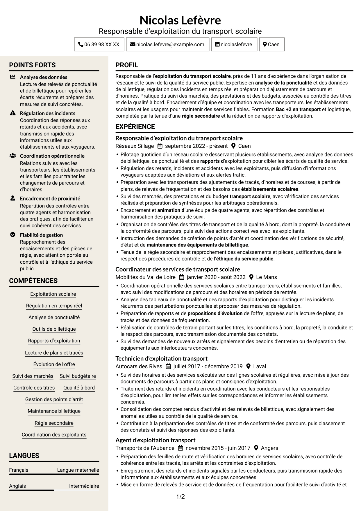 CV Fonceur (format à deux colonnes avec en-tête centré sans photo) : Responsable du transport scolaire - Exploitation et qualité de service, page 1