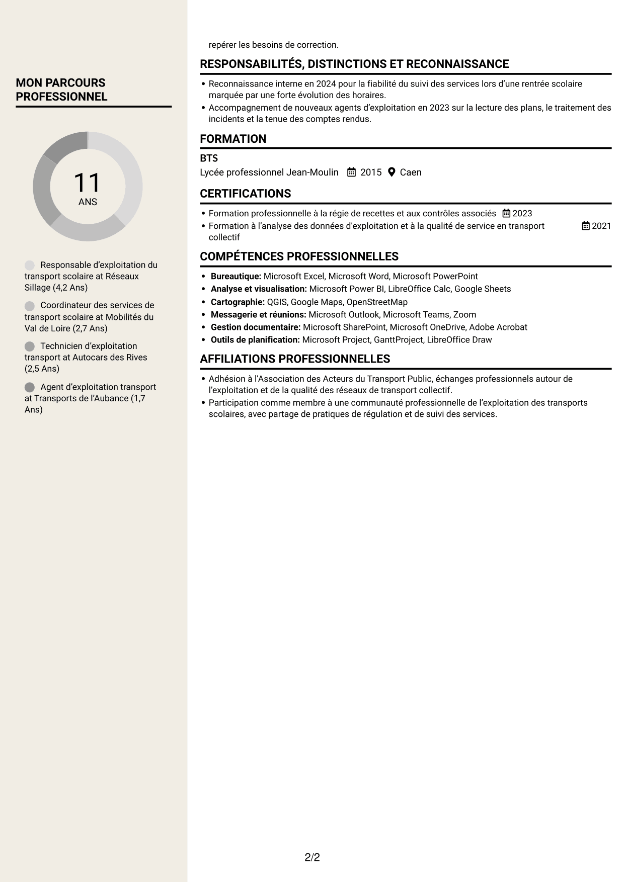 CV Fonceur (format à deux colonnes avec en-tête centré sans photo) : Responsable du transport scolaire - Exploitation et qualité de service, page 2