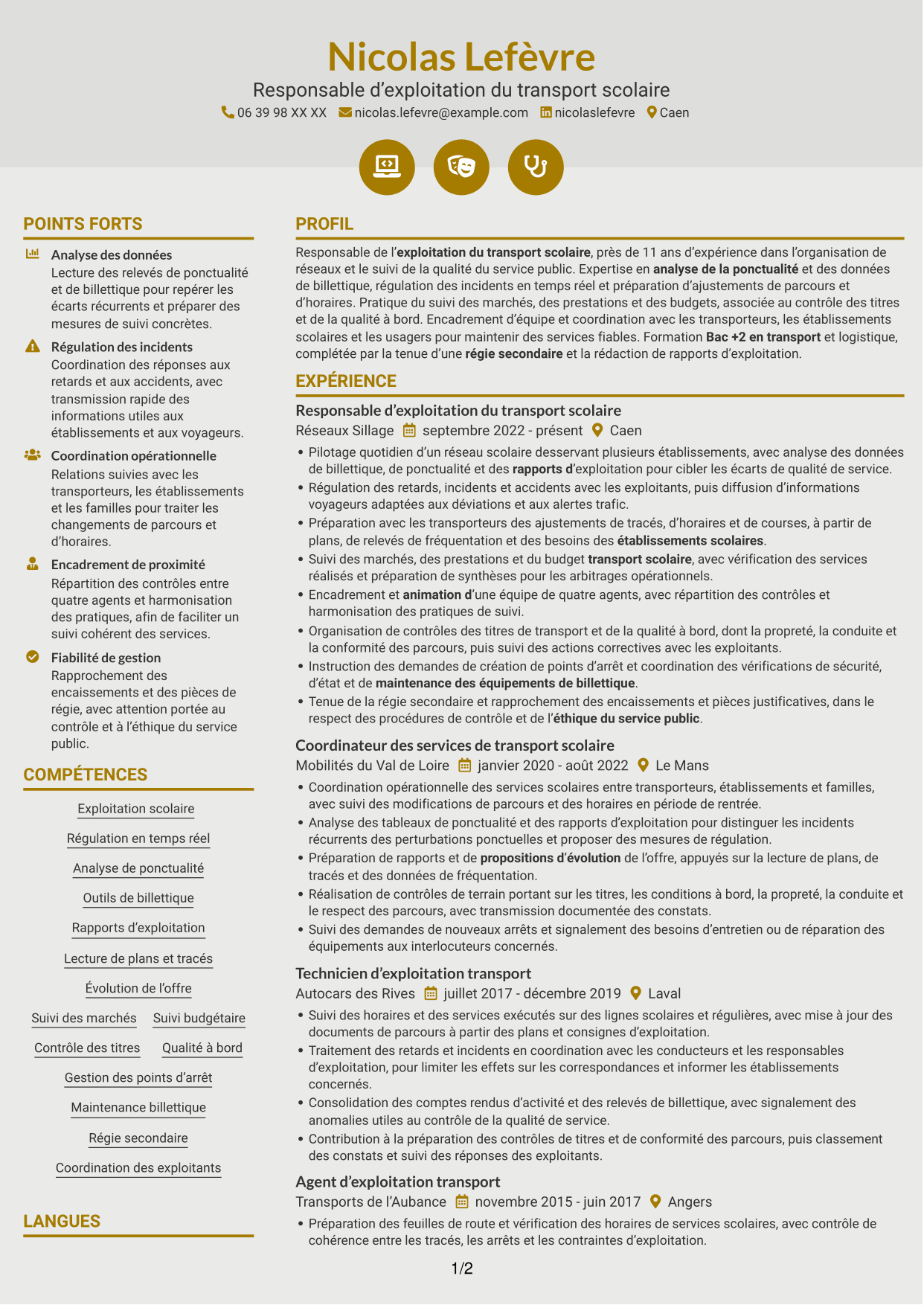 CV Dynamique (format à deux colonnes avec icônes) : Responsable du transport scolaire - Exploitation et qualité de service, page 1