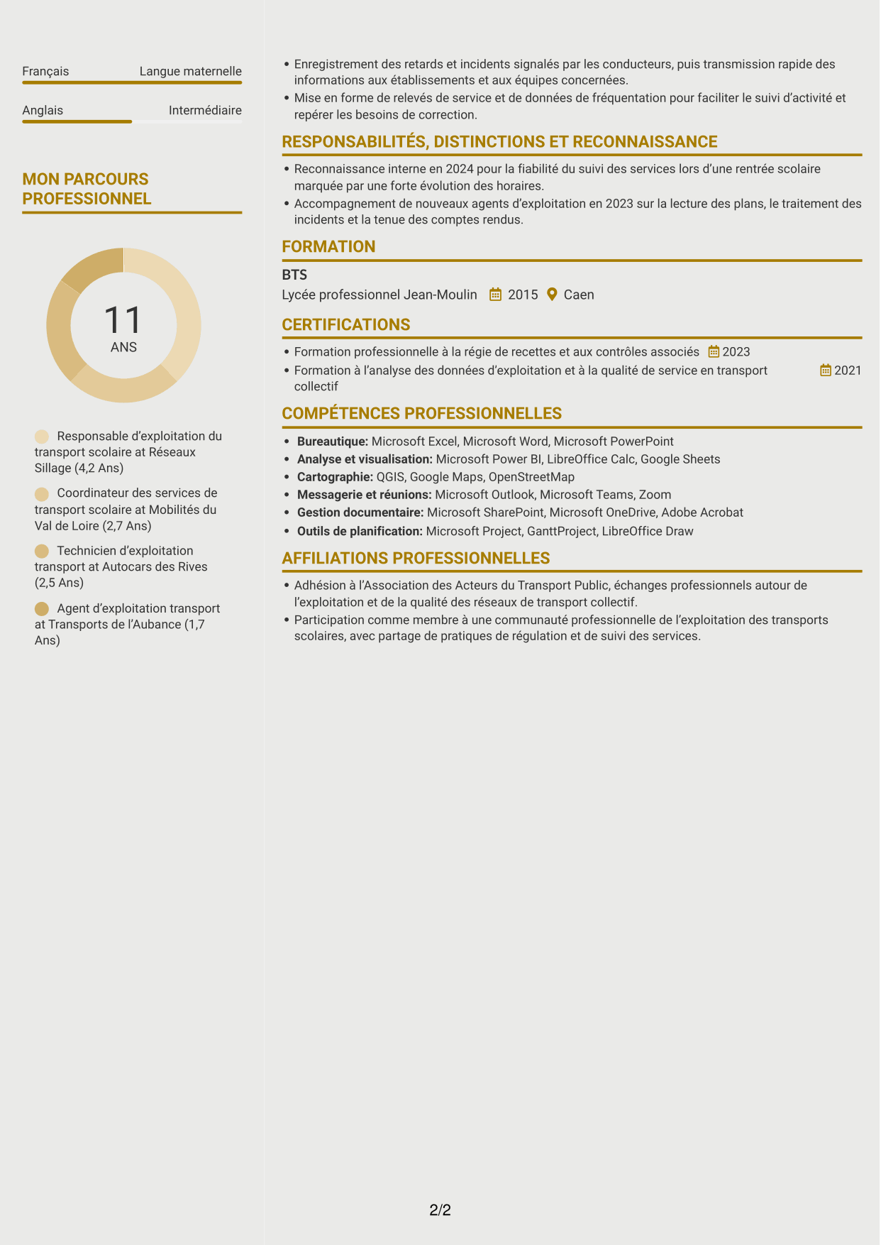 CV Dynamique (format à deux colonnes avec icônes) : Responsable du transport scolaire - Exploitation et qualité de service, page 2