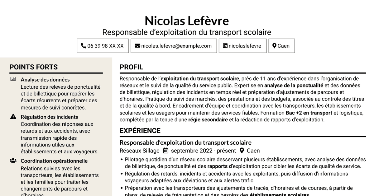 7 modèles de CV pour Responsable du transport scolaire - Exploitation et qualité de service, avec exemples