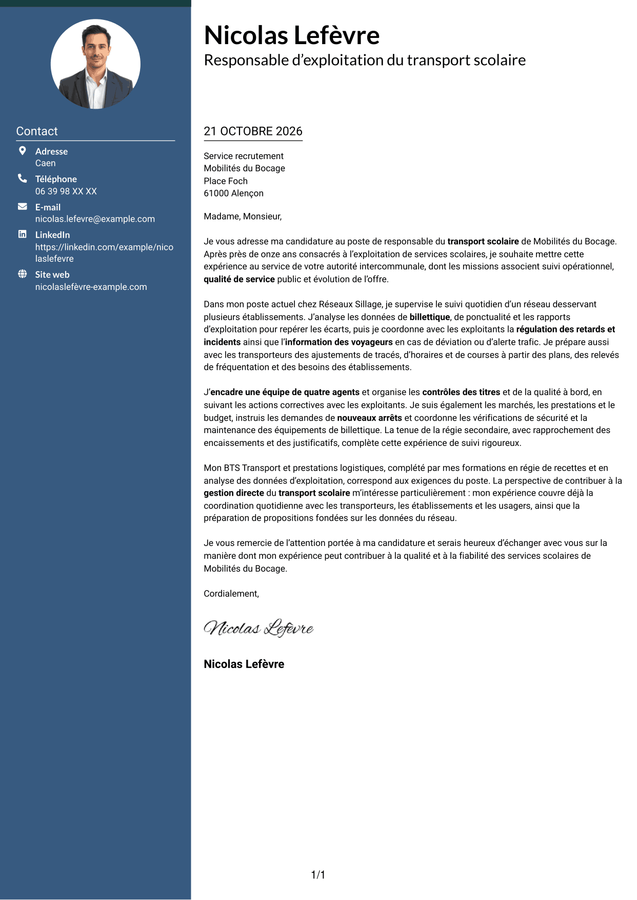 Lettre de motivation Élégant (format à colonne latérale colorée avec photo) : Responsable du transport scolaire - Exploitation et qualité de service, page 1
