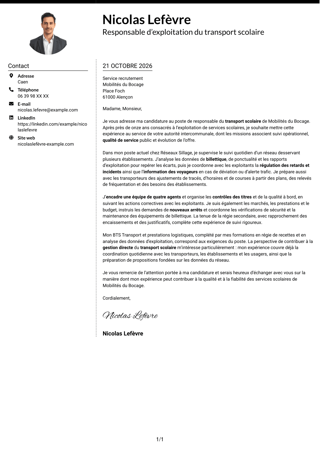 Lettre de motivation Moderne (format à deux colonnes avec photo à gauche et séparateur) : Responsable du transport scolaire - Exploitation et qualité de service, page 1