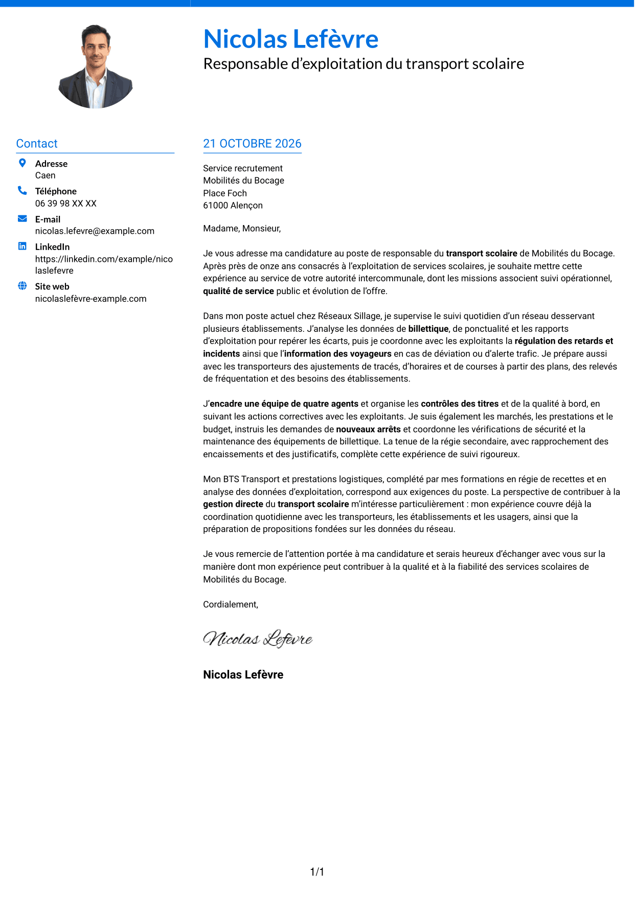 Lettre de motivation Audacieux (format à deux colonnes avec accents colorés et photo) : Responsable du transport scolaire - Exploitation et qualité de service, page 1