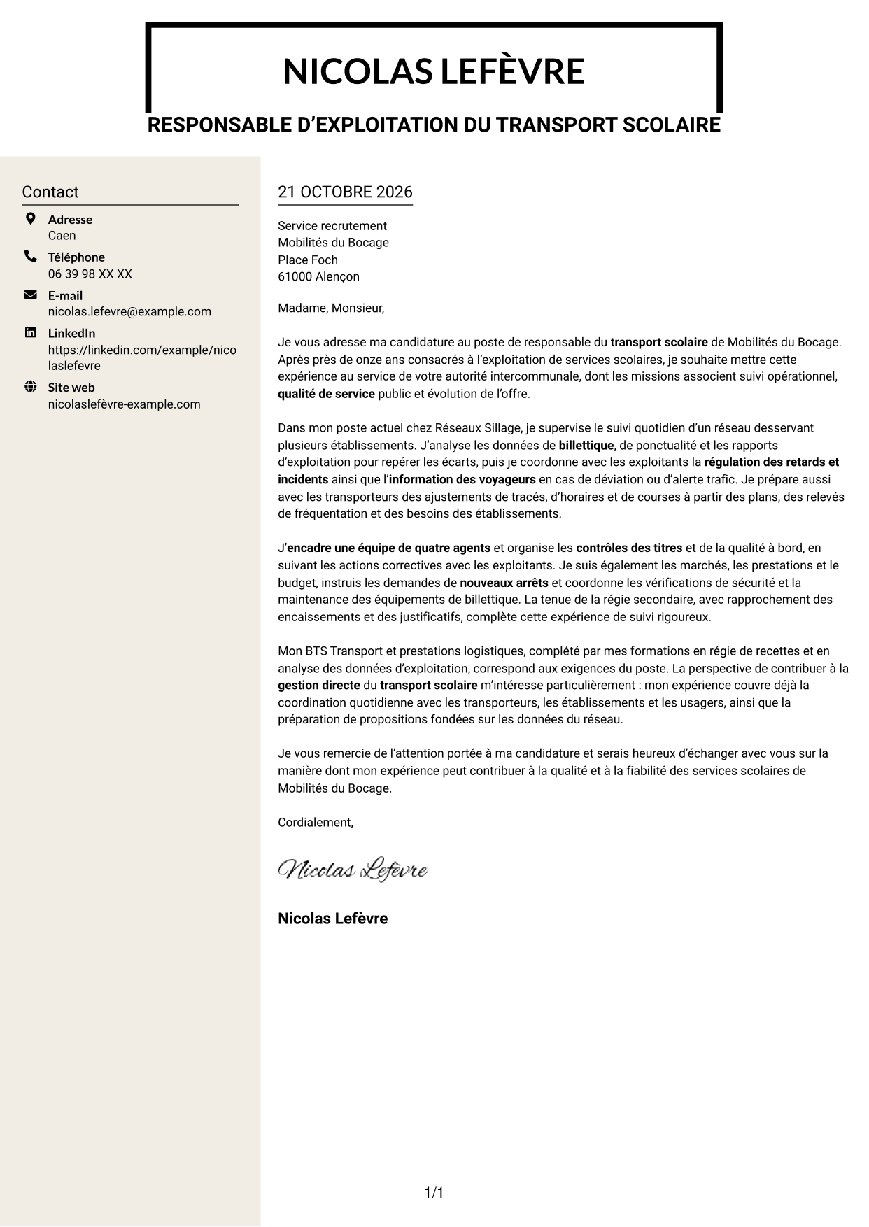 Lettre de motivation Fonceur (format à deux colonnes avec en-tête centré sans photo) : Responsable du transport scolaire - Exploitation et qualité de service, page 1
