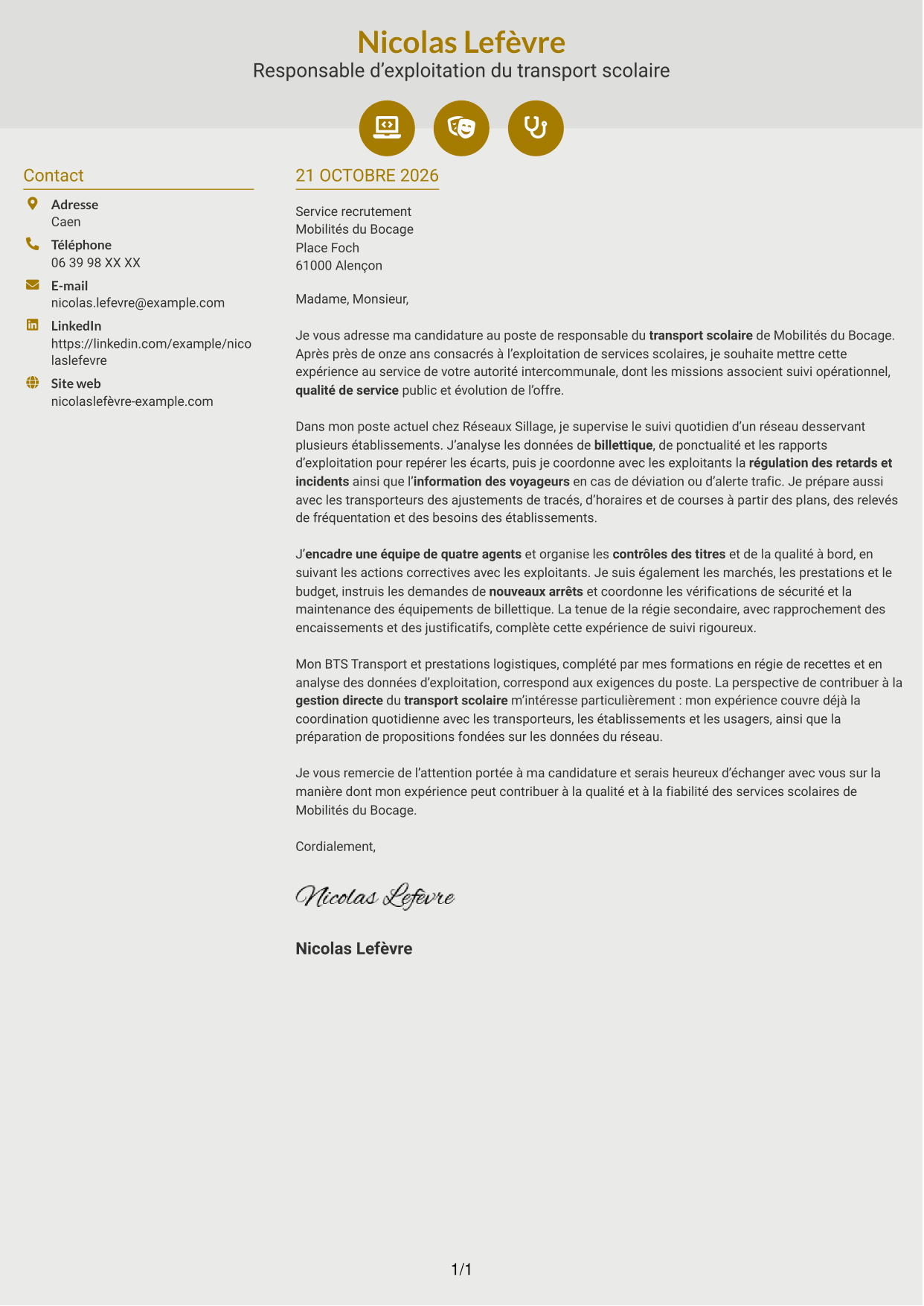 Lettre de motivation Dynamique (format à deux colonnes avec icônes) : Responsable du transport scolaire - Exploitation et qualité de service, page 1