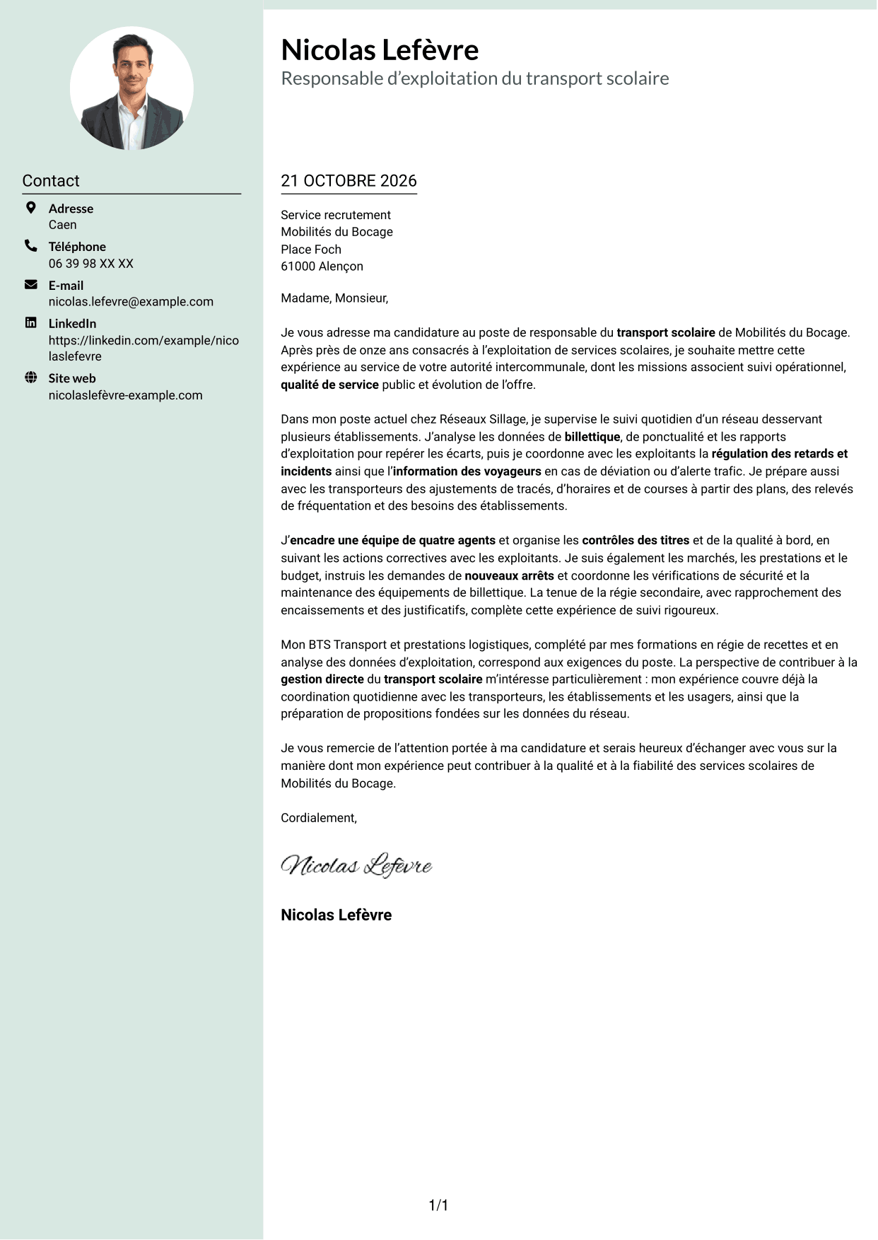 Lettre de motivation Cadre (format à colonne latérale douce avec photo arrondie) : Responsable du transport scolaire - Exploitation et qualité de service, page 1