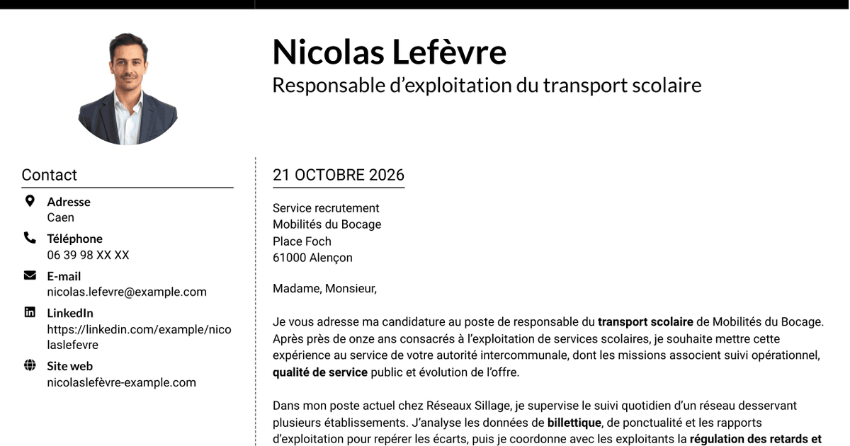 7 modèles de lettre de motivation pour Responsable du transport scolaire - Exploitation et qualité de service, avec exemples