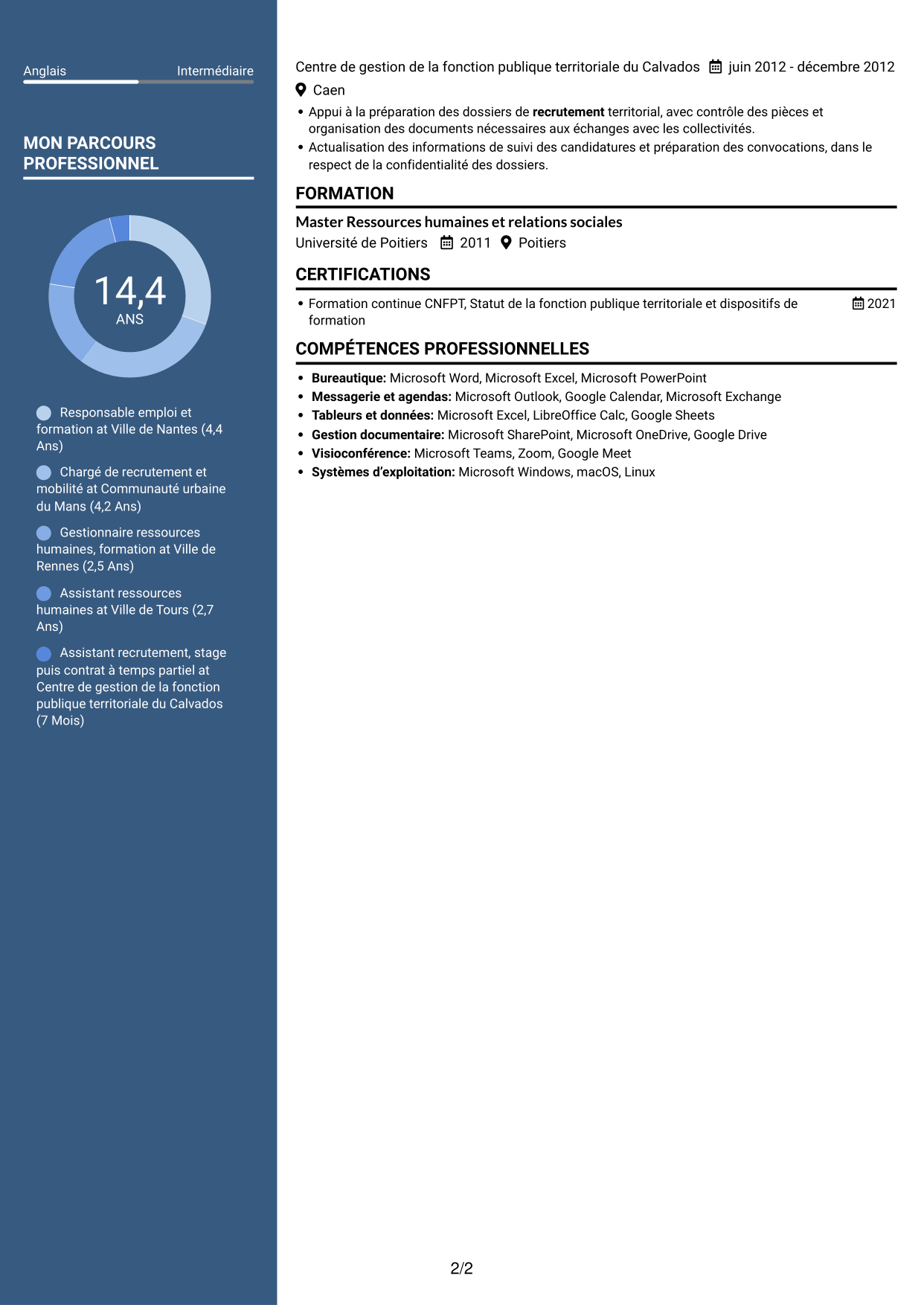 CV Élégant (format à colonne latérale colorée avec photo) : Responsable emploi compétences - Recrutement et formation, page 2