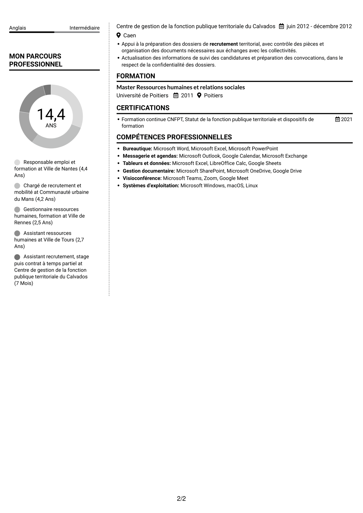 CV Moderne (format à deux colonnes avec photo à gauche et séparateur) : Responsable emploi compétences - Recrutement et formation, page 2