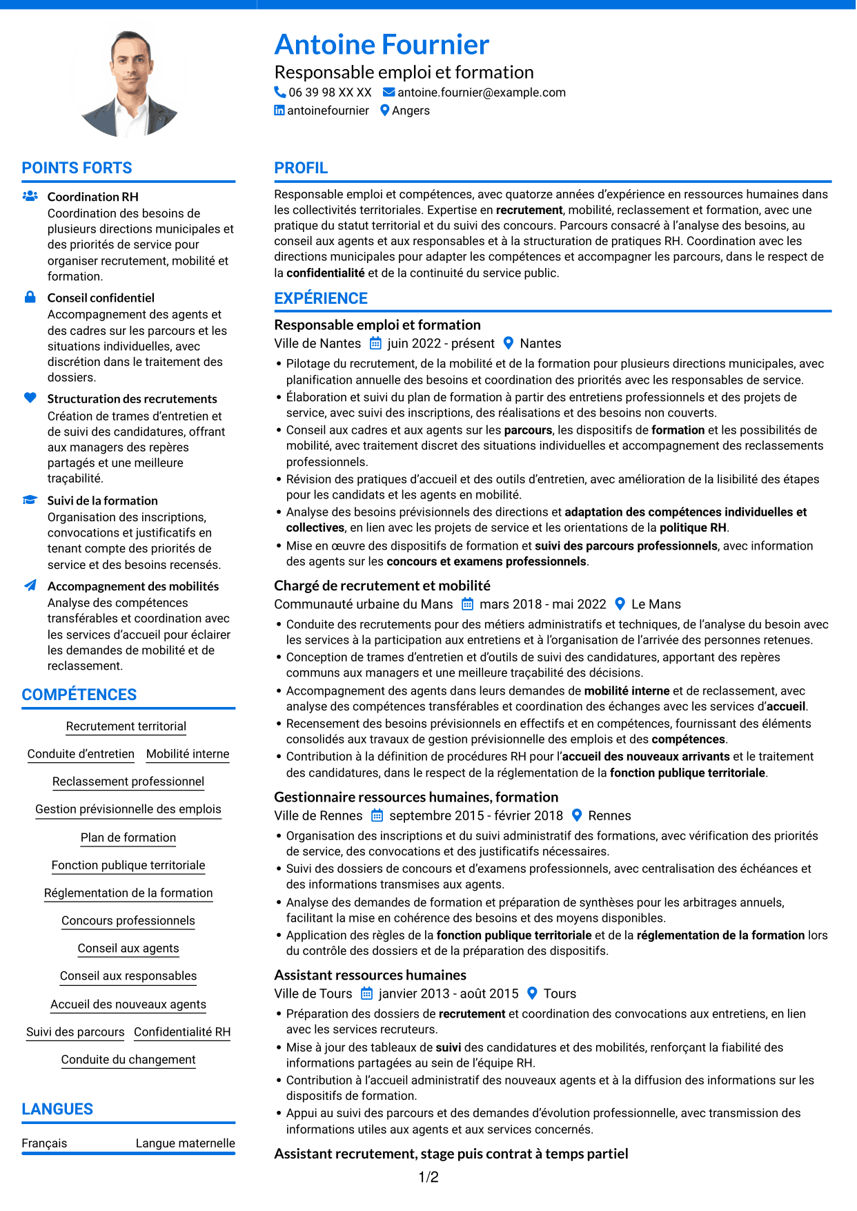 CV Audacieux (format à deux colonnes avec accents colorés et photo) : Responsable emploi compétences - Recrutement et formation, page 1