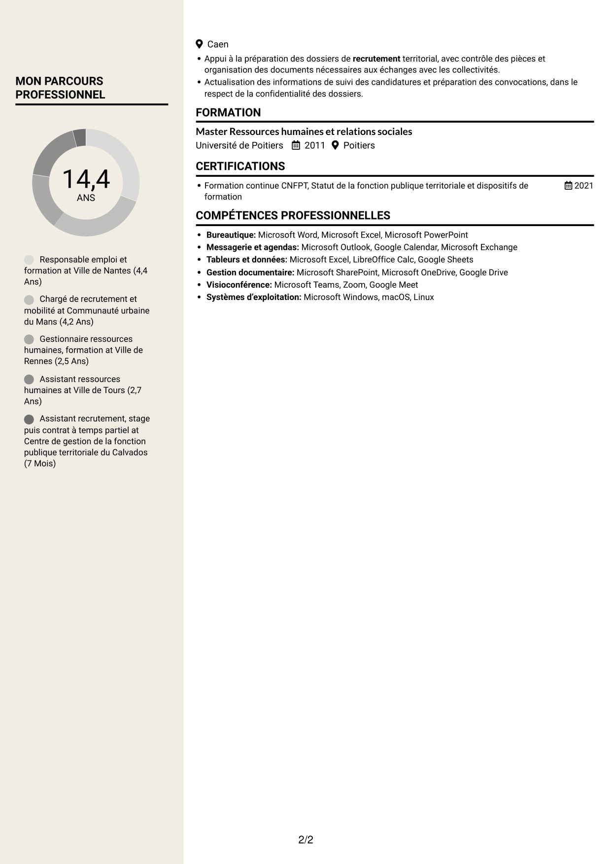 CV Fonceur (format à deux colonnes avec en-tête centré sans photo) : Responsable emploi compétences - Recrutement et formation, page 2