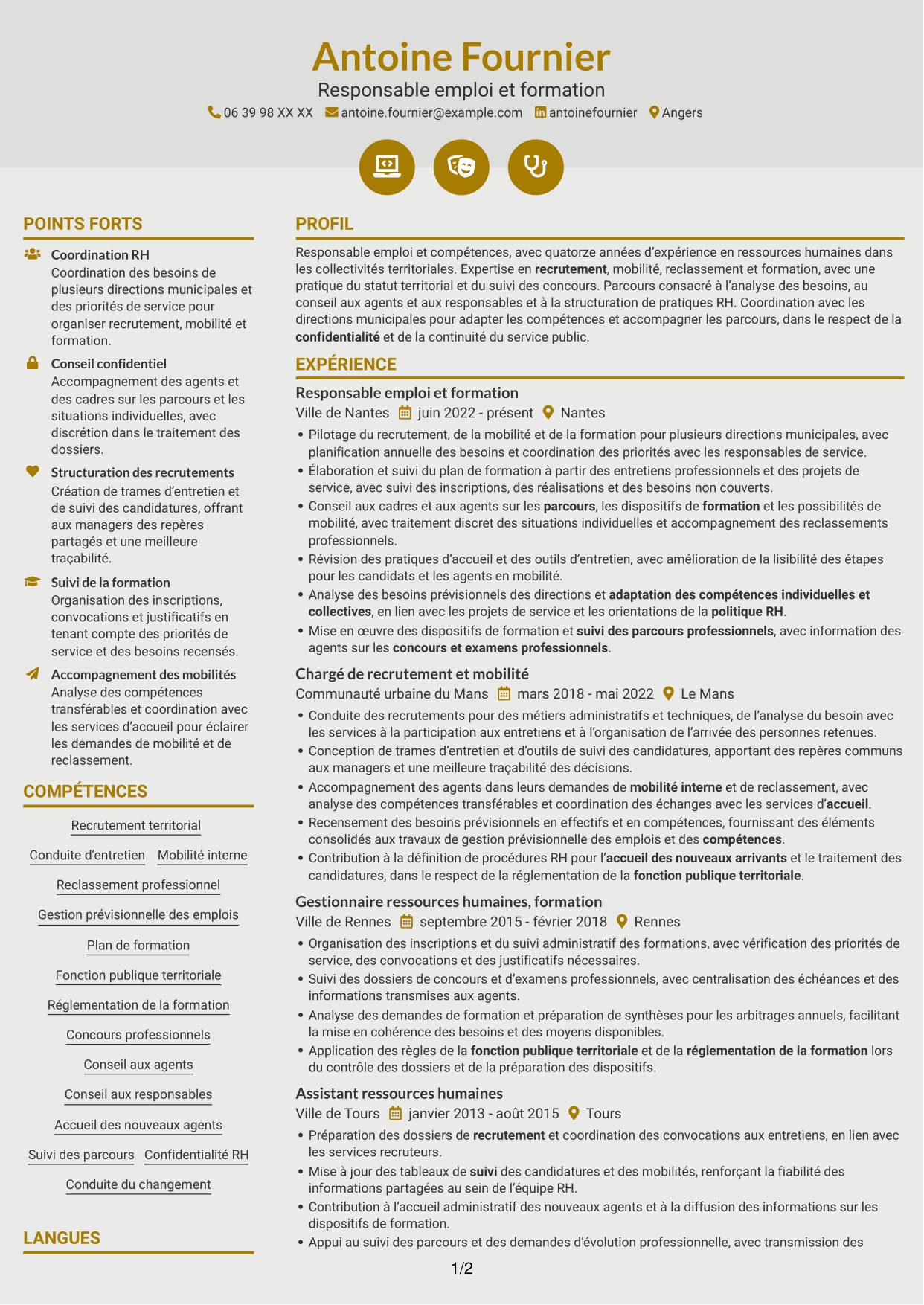 CV Dynamique (format à deux colonnes avec icônes) : Responsable emploi compétences - Recrutement et formation, page 1