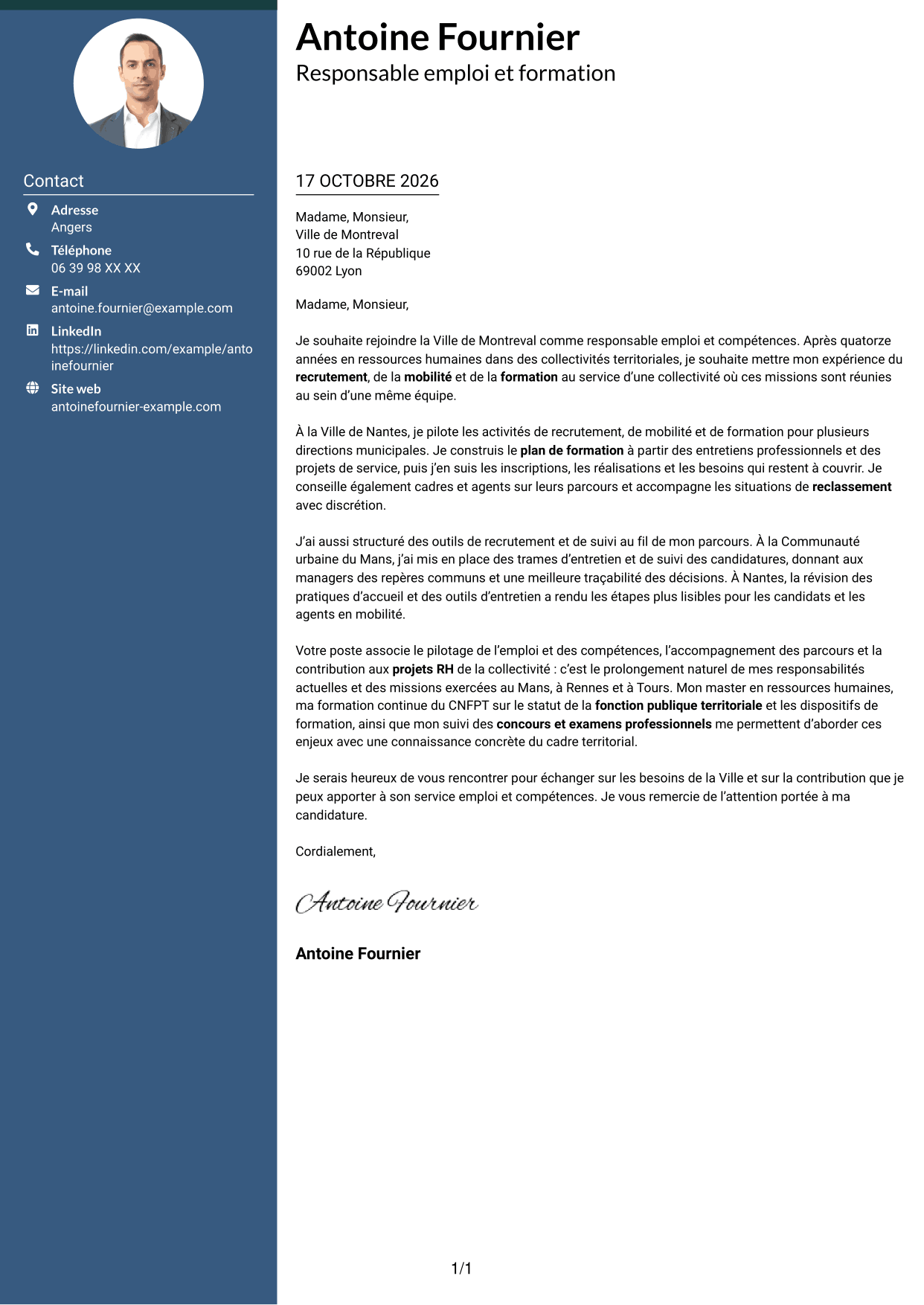 Lettre de motivation Élégant (format à colonne latérale colorée avec photo) : Responsable emploi compétences - Recrutement et formation, page 1