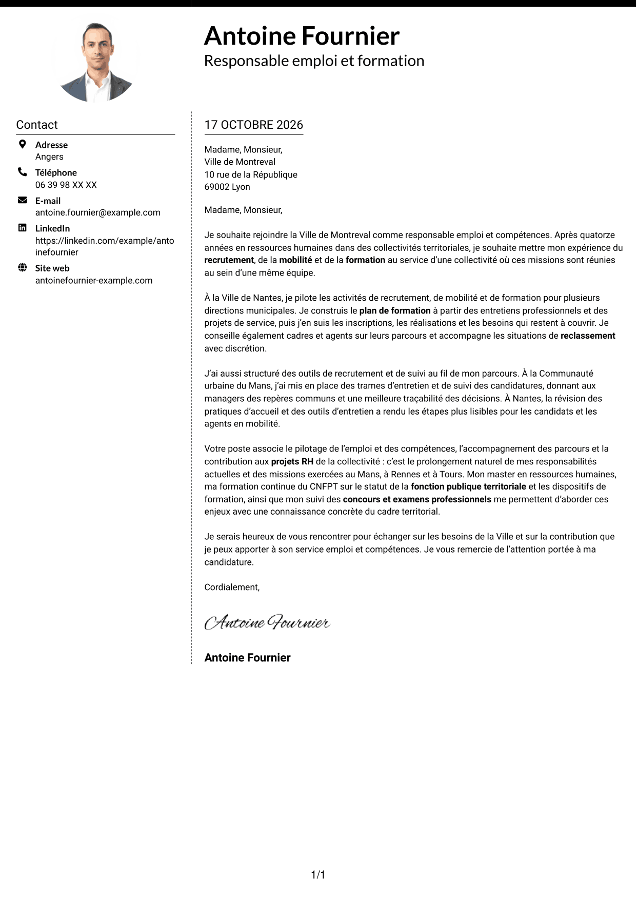 Lettre de motivation Moderne (format à deux colonnes avec photo à gauche et séparateur) : Responsable emploi compétences - Recrutement et formation, page 1