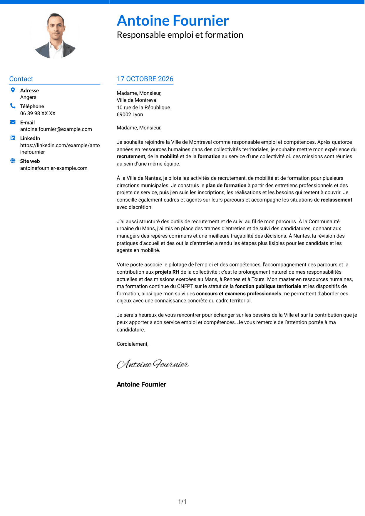 Lettre de motivation Audacieux (format à deux colonnes avec accents colorés et photo) : Responsable emploi compétences - Recrutement et formation, page 1