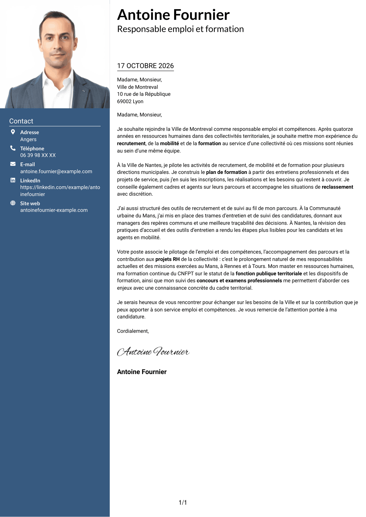 Lettre de motivation Signature (format à colonne latérale colorée avec grande photo) : Responsable emploi compétences - Recrutement et formation, page 1