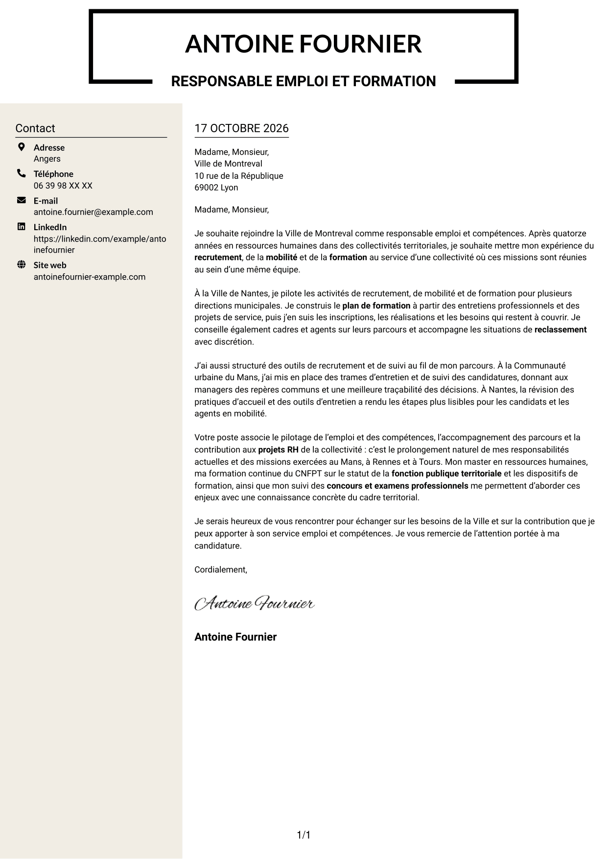 Lettre de motivation Fonceur (format à deux colonnes avec en-tête centré sans photo) : Responsable emploi compétences - Recrutement et formation, page 1