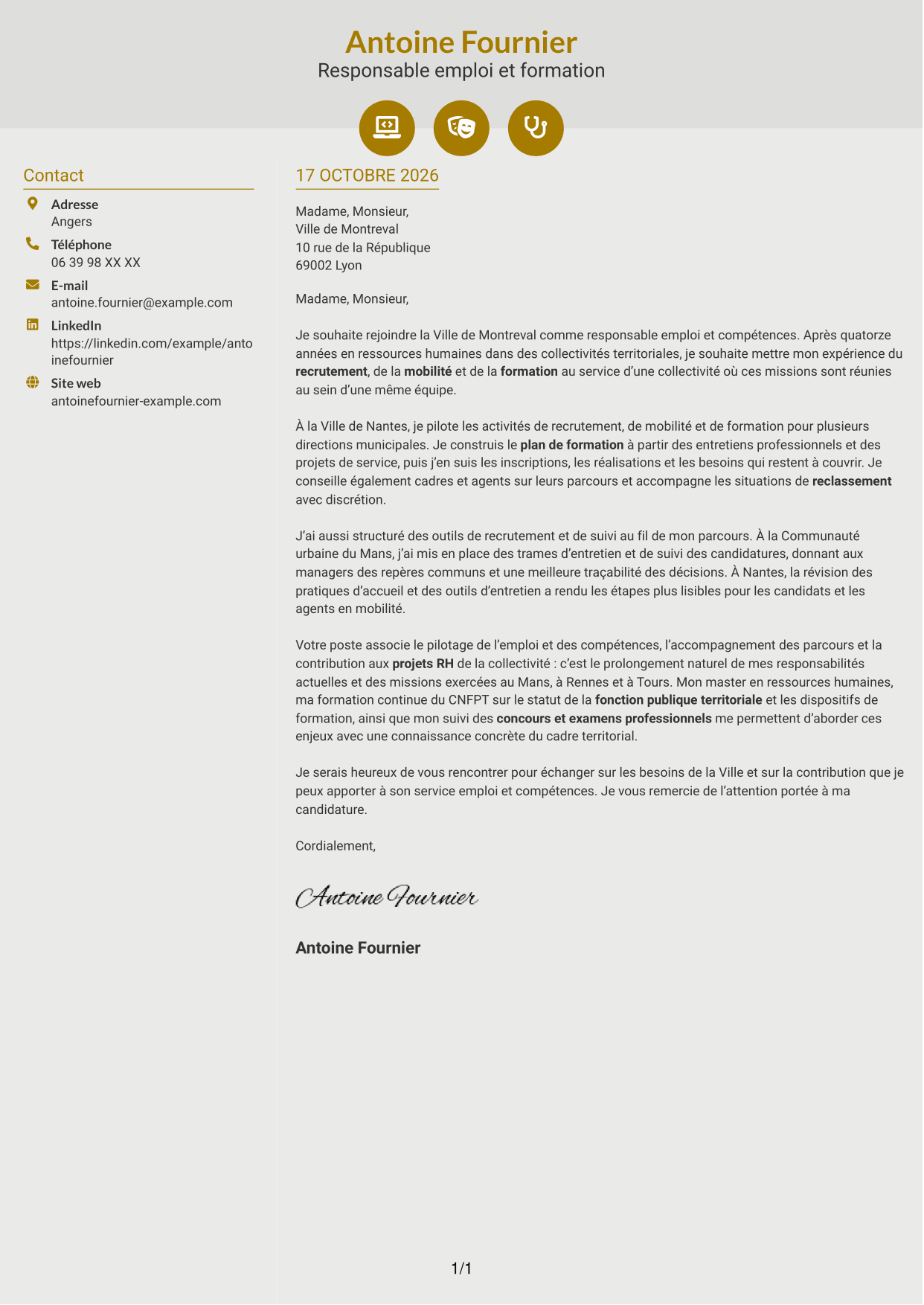 Lettre de motivation Dynamique (format à deux colonnes avec icônes) : Responsable emploi compétences - Recrutement et formation, page 1