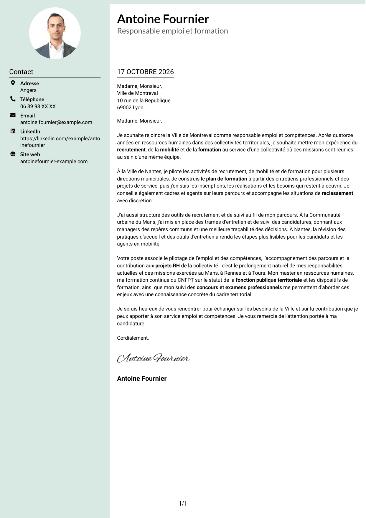 Lettre de motivation Cadre (format à colonne latérale douce avec photo arrondie) : Responsable emploi compétences - Recrutement et formation, page 1