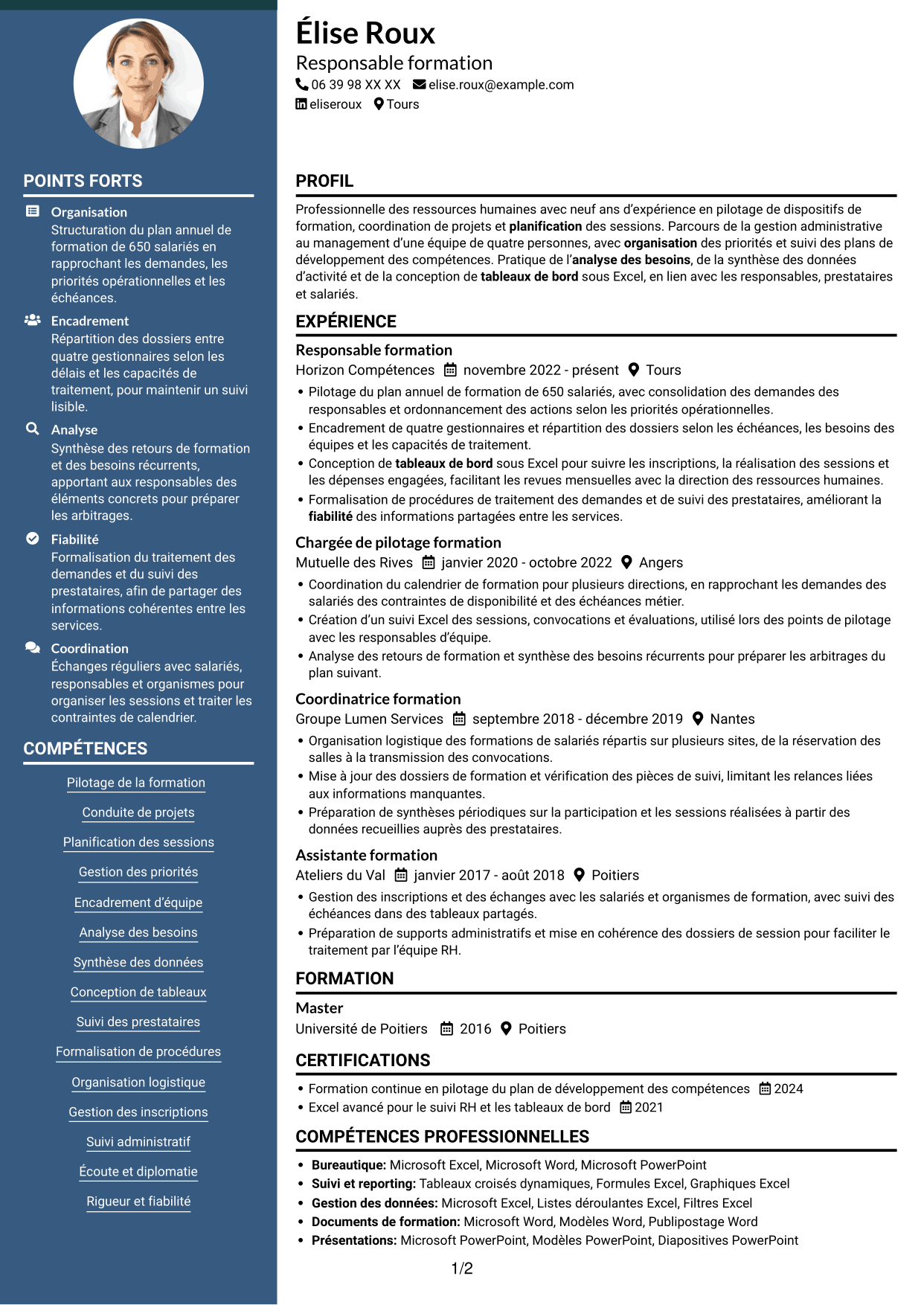 CV Élégant (format à colonne latérale colorée avec photo) : Responsable formation - Pilotage de projets de formation, page 1