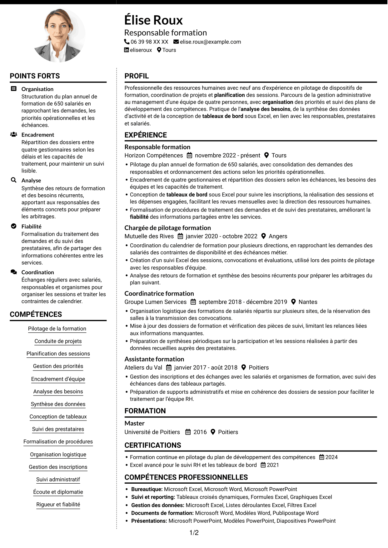 CV Moderne (format à deux colonnes avec photo à gauche et séparateur) : Responsable formation - Pilotage de projets de formation, page 1