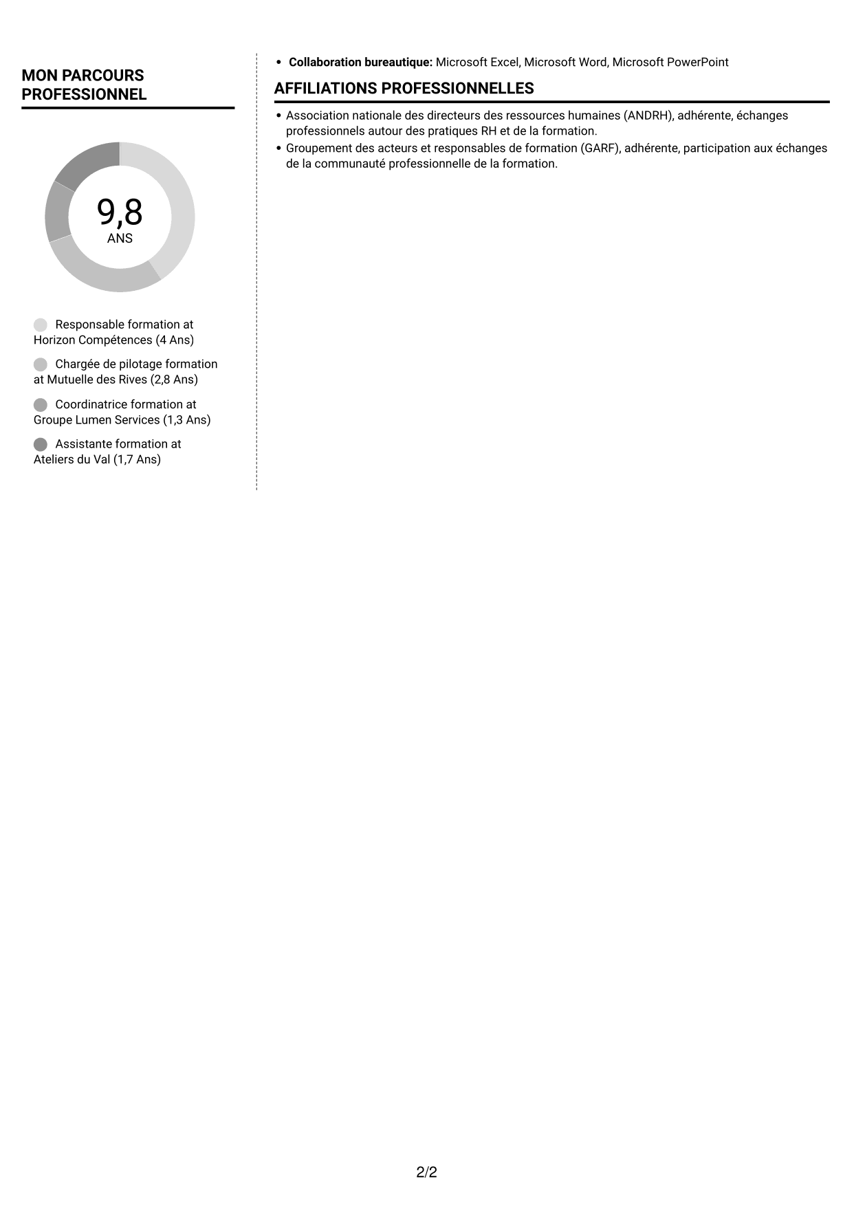 CV Moderne (format à deux colonnes avec photo à gauche et séparateur) : Responsable formation - Pilotage de projets de formation, page 2