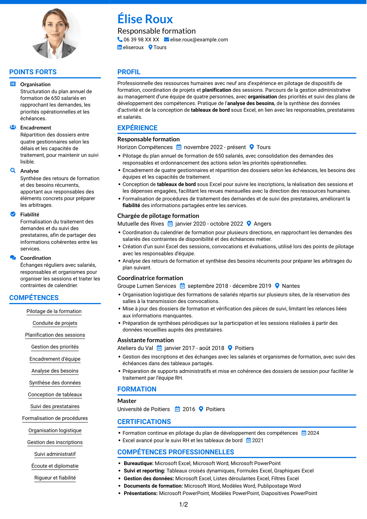 CV Audacieux (format à deux colonnes avec accents colorés et photo) : Responsable formation - Pilotage de projets de formation, page 1