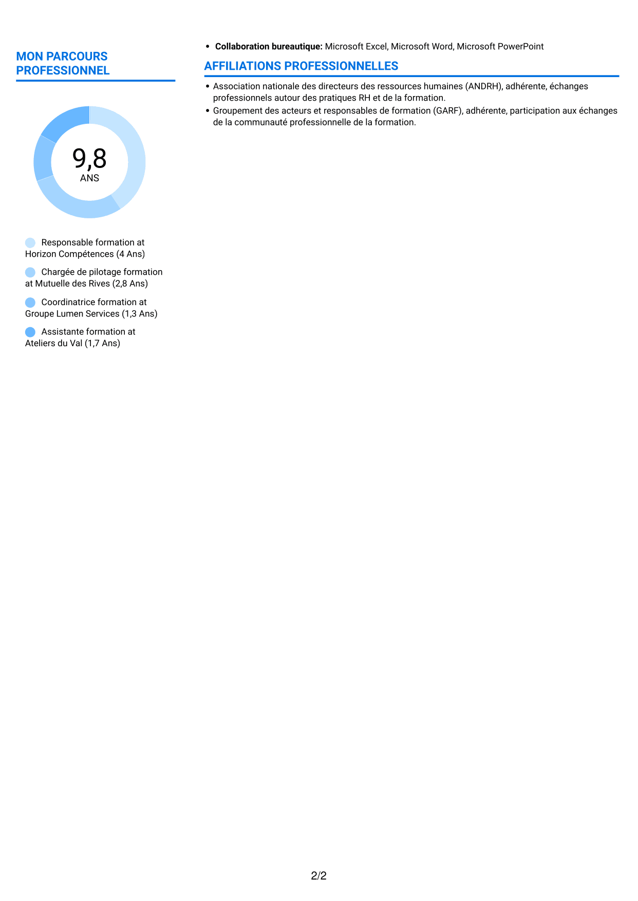 CV Audacieux (format à deux colonnes avec accents colorés et photo) : Responsable formation - Pilotage de projets de formation, page 2