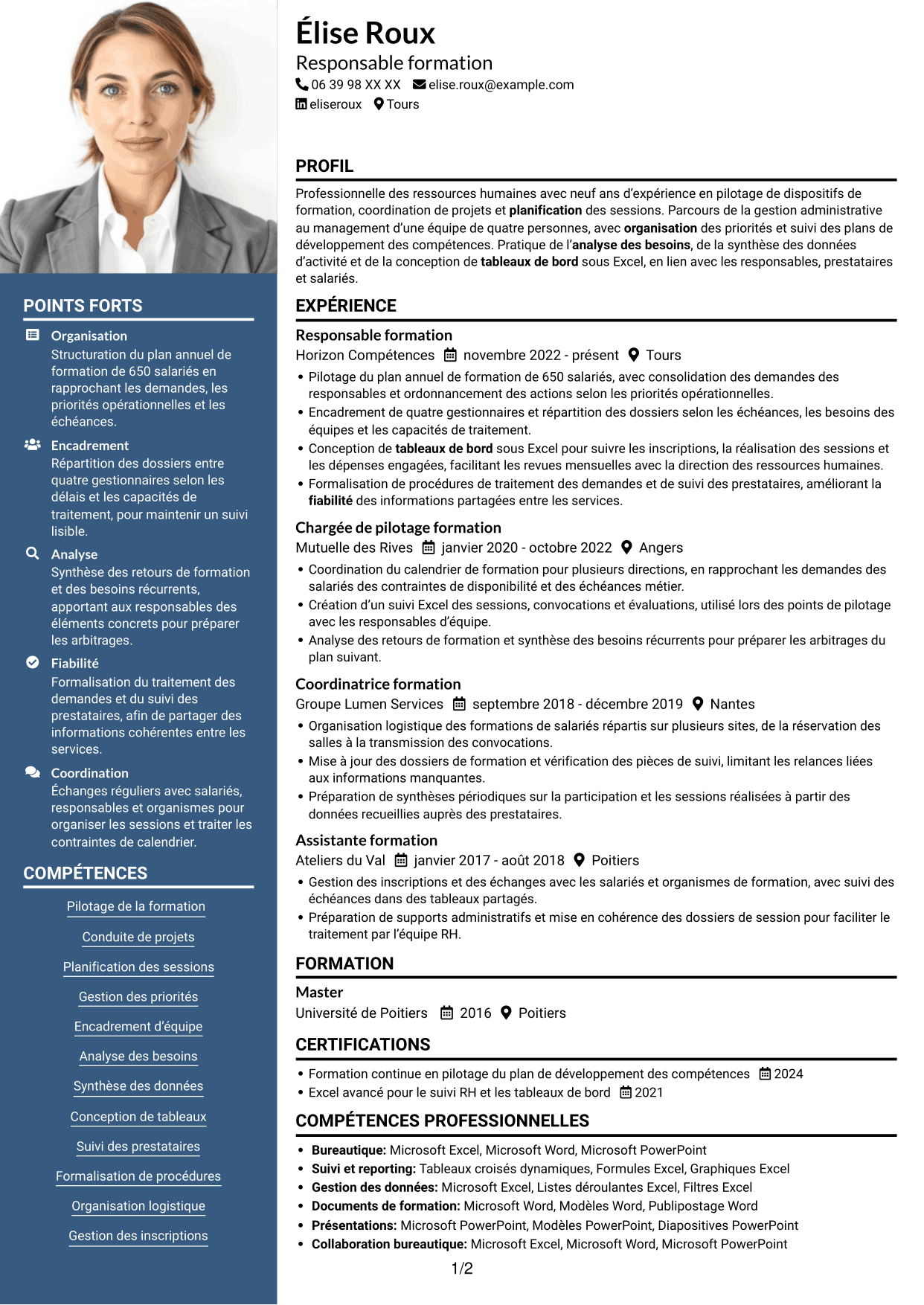 CV Signature (format à colonne latérale colorée avec grande photo) : Responsable formation - Pilotage de projets de formation, page 1
