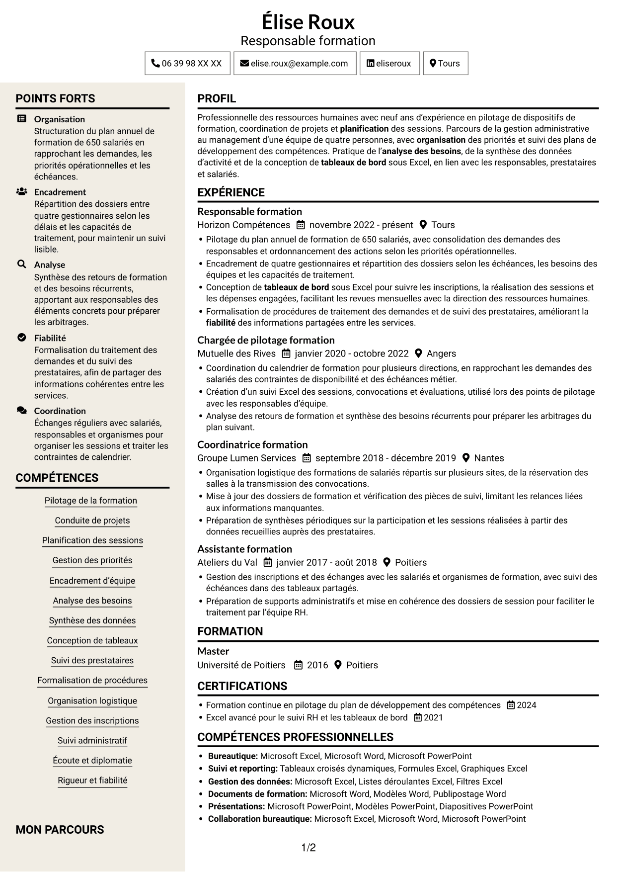 CV Fonceur (format à deux colonnes avec en-tête centré sans photo) : Responsable formation - Pilotage de projets de formation, page 1