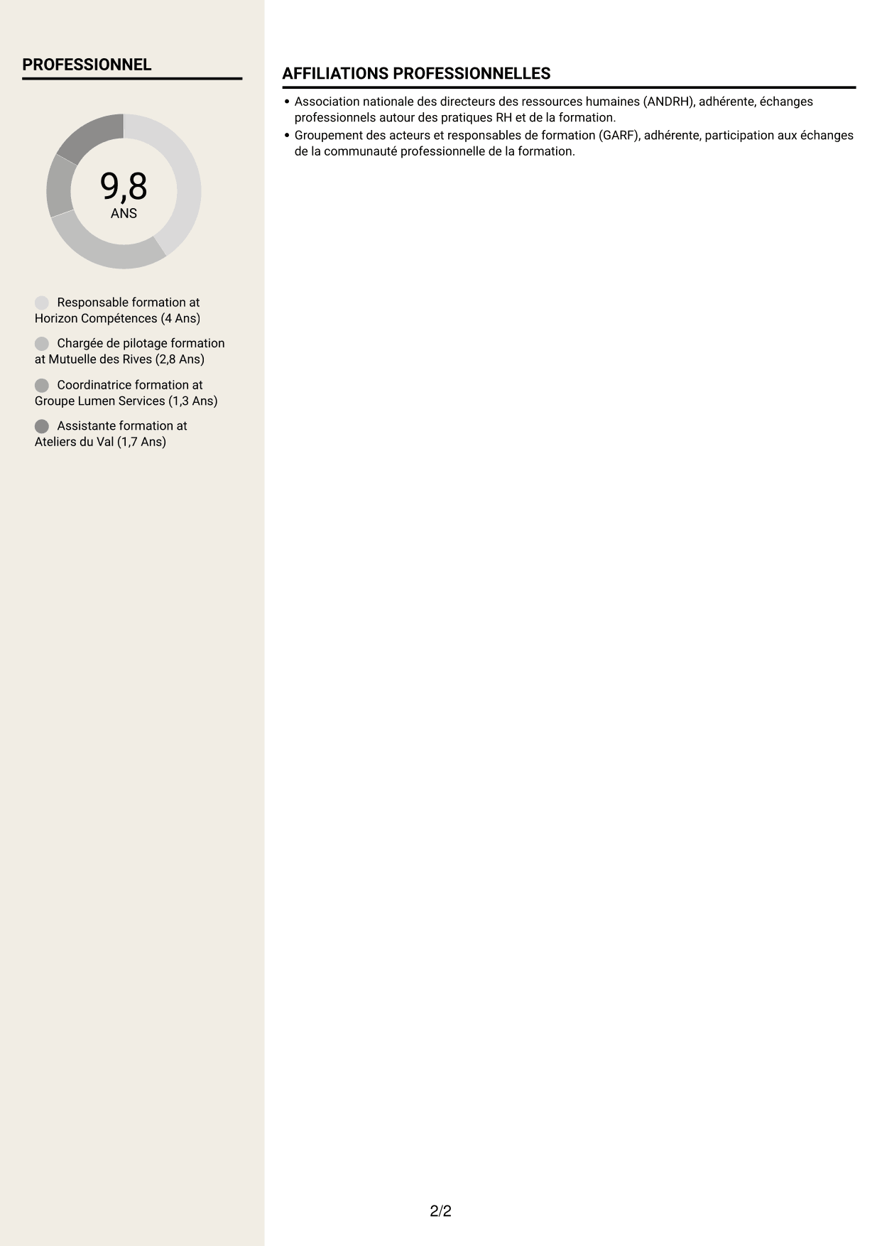 CV Fonceur (format à deux colonnes avec en-tête centré sans photo) : Responsable formation - Pilotage de projets de formation, page 2