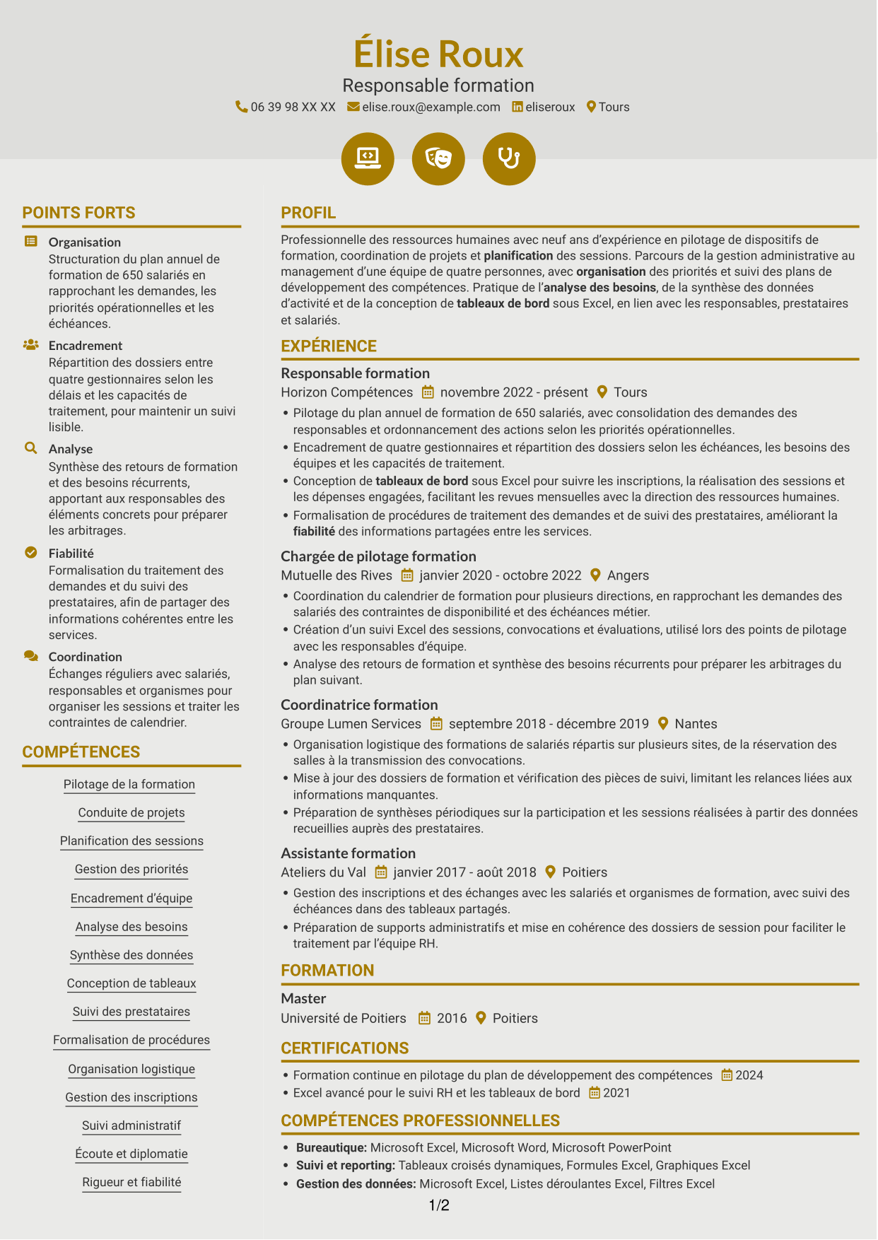 CV Dynamique (format à deux colonnes avec icônes) : Responsable formation - Pilotage de projets de formation, page 1