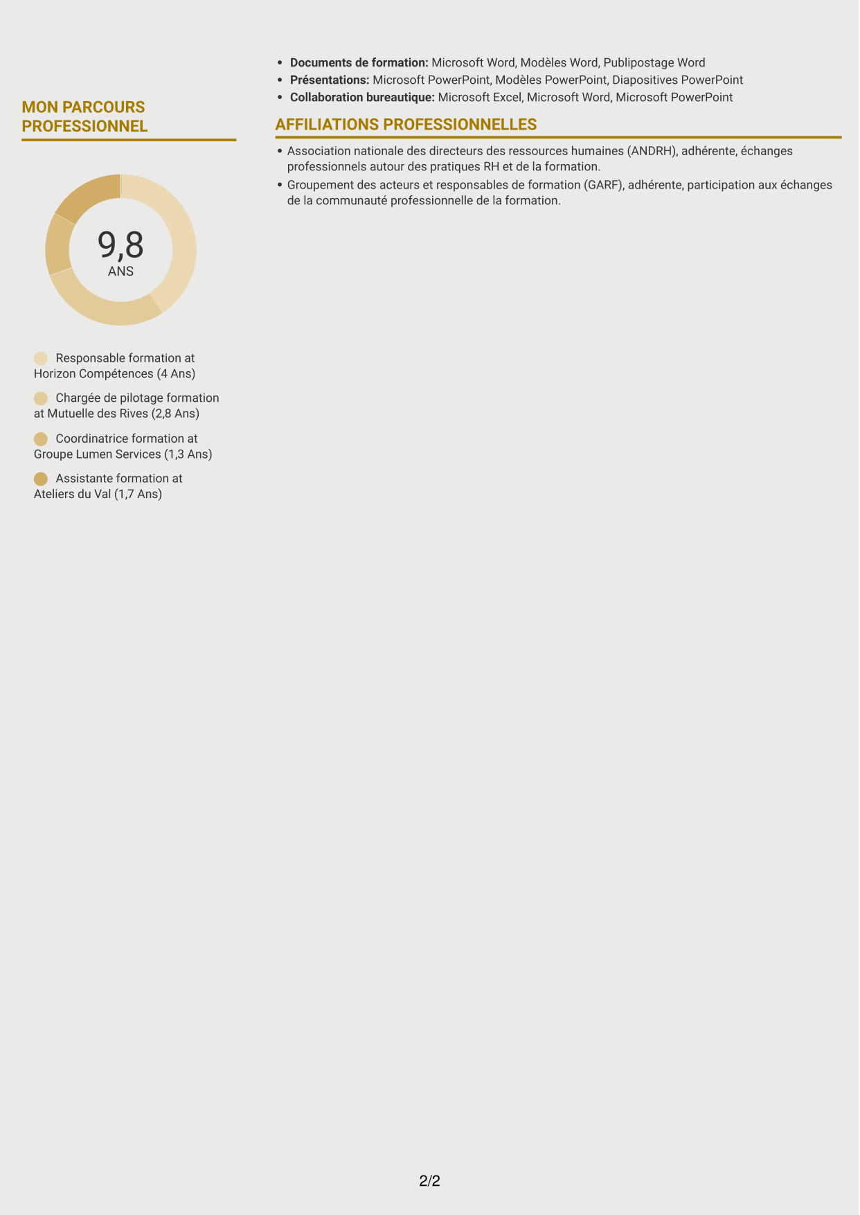 CV Dynamique (format à deux colonnes avec icônes) : Responsable formation - Pilotage de projets de formation, page 2