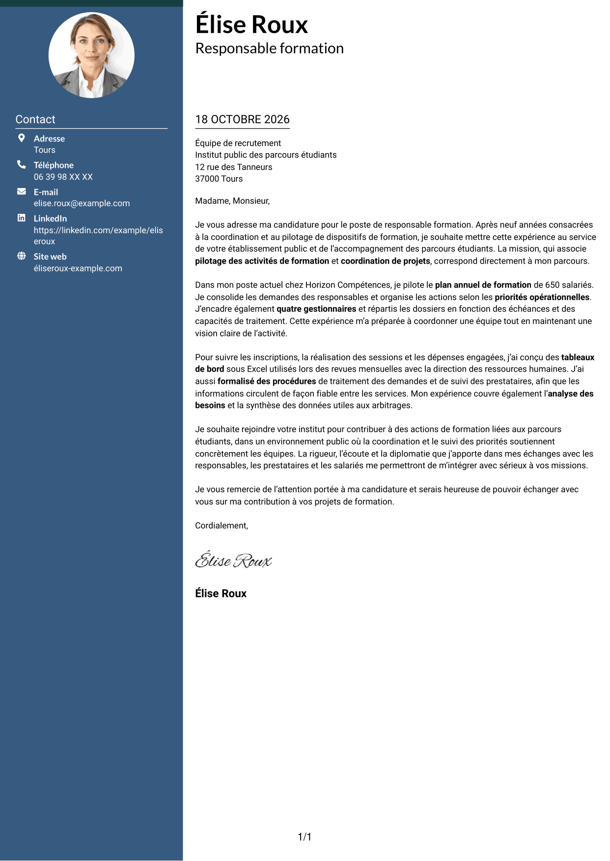 Lettre de motivation Élégant (format à colonne latérale colorée avec photo) : Responsable formation - Pilotage de projets de formation, page 1