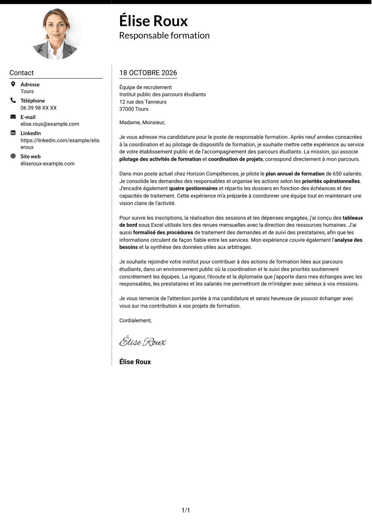 Lettre de motivation Moderne (format à deux colonnes avec photo à gauche et séparateur) : Responsable formation - Pilotage de projets de formation, page 1
