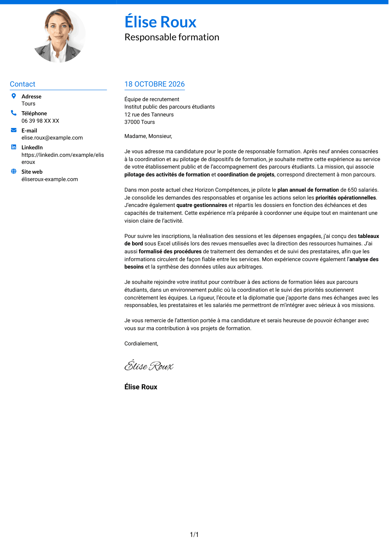 Lettre de motivation Audacieux (format à deux colonnes avec accents colorés et photo) : Responsable formation - Pilotage de projets de formation, page 1