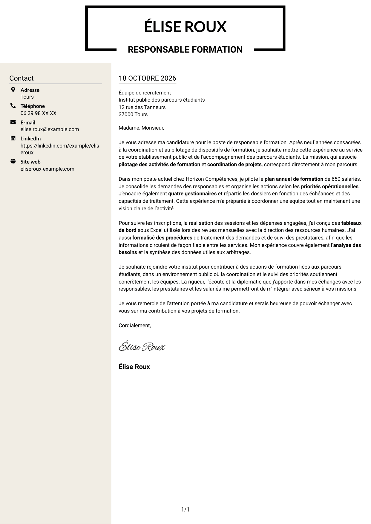 Lettre de motivation Fonceur (format à deux colonnes avec en-tête centré sans photo) : Responsable formation - Pilotage de projets de formation, page 1