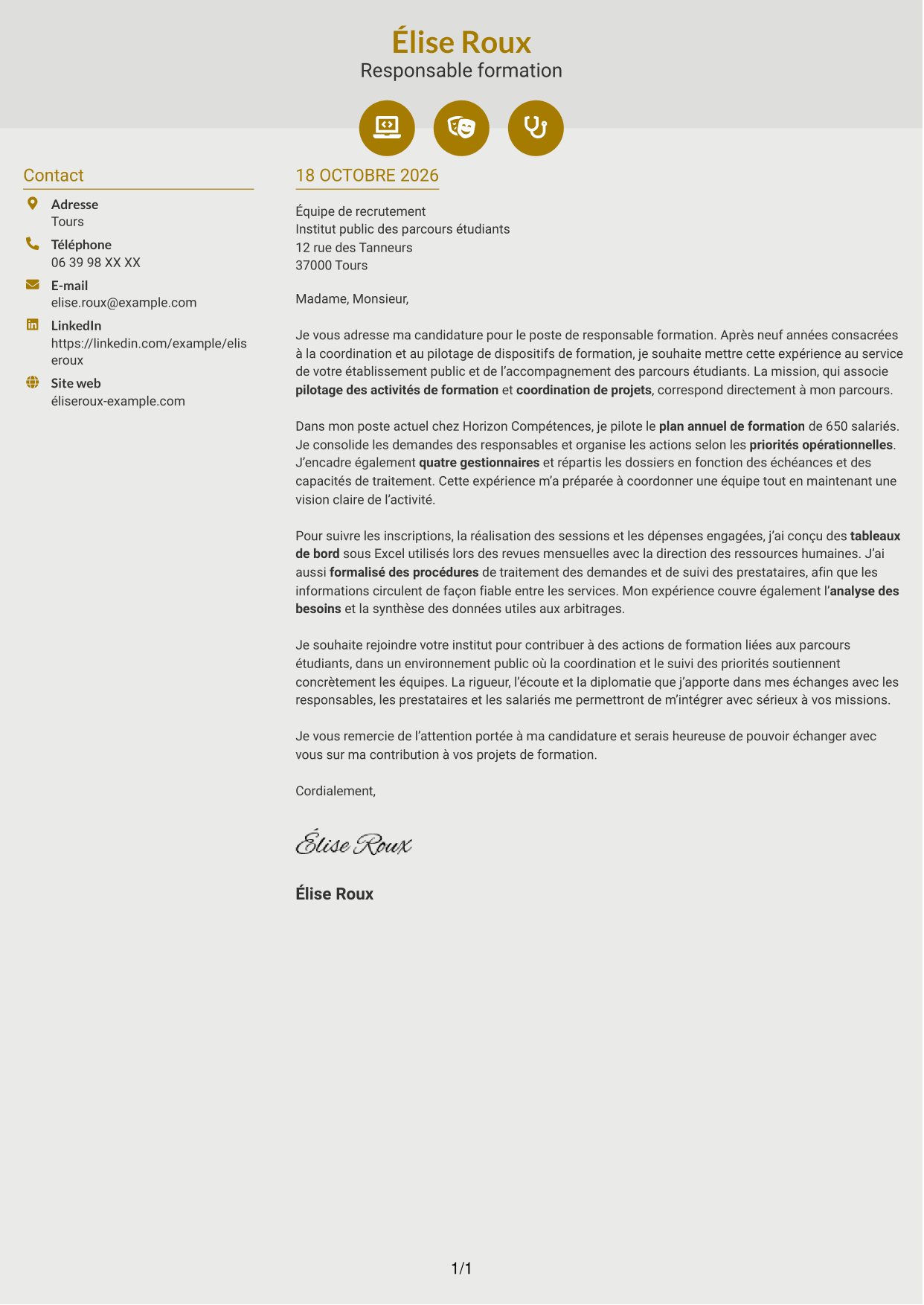 Lettre de motivation Dynamique (format à deux colonnes avec icônes) : Responsable formation - Pilotage de projets de formation, page 1