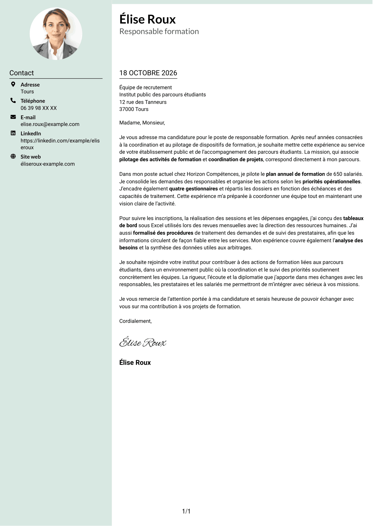 Lettre de motivation Cadre (format à colonne latérale douce avec photo arrondie) : Responsable formation - Pilotage de projets de formation, page 1