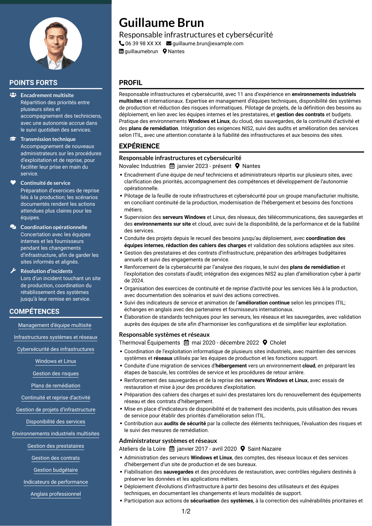 CV Élégant (format à colonne latérale colorée avec photo) : Responsable Infrastructure et Cybersécurité, page 1