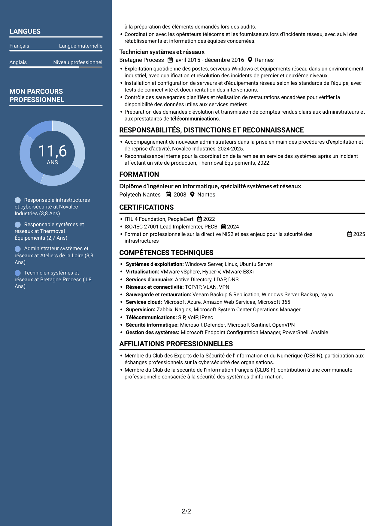 CV Élégant (format à colonne latérale colorée avec photo) : Responsable Infrastructure et Cybersécurité, page 2