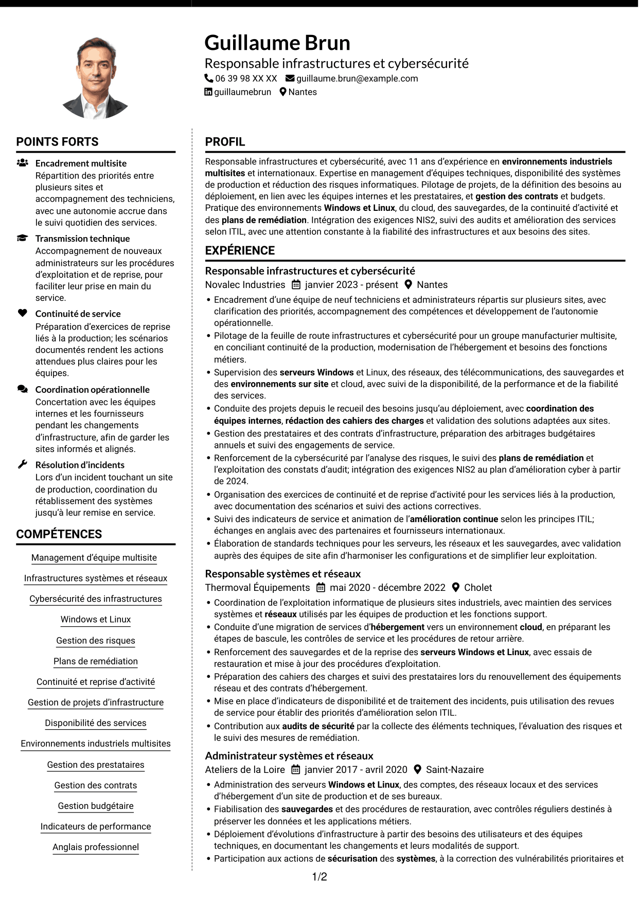 CV Moderne (format à deux colonnes avec photo à gauche et séparateur) : Responsable Infrastructure et Cybersécurité, page 1